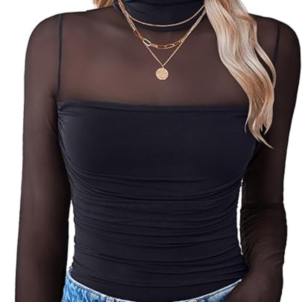 Sheer Mesh Turtleneck Bodysuit Black Ruched Long Sleeve Going Out Top